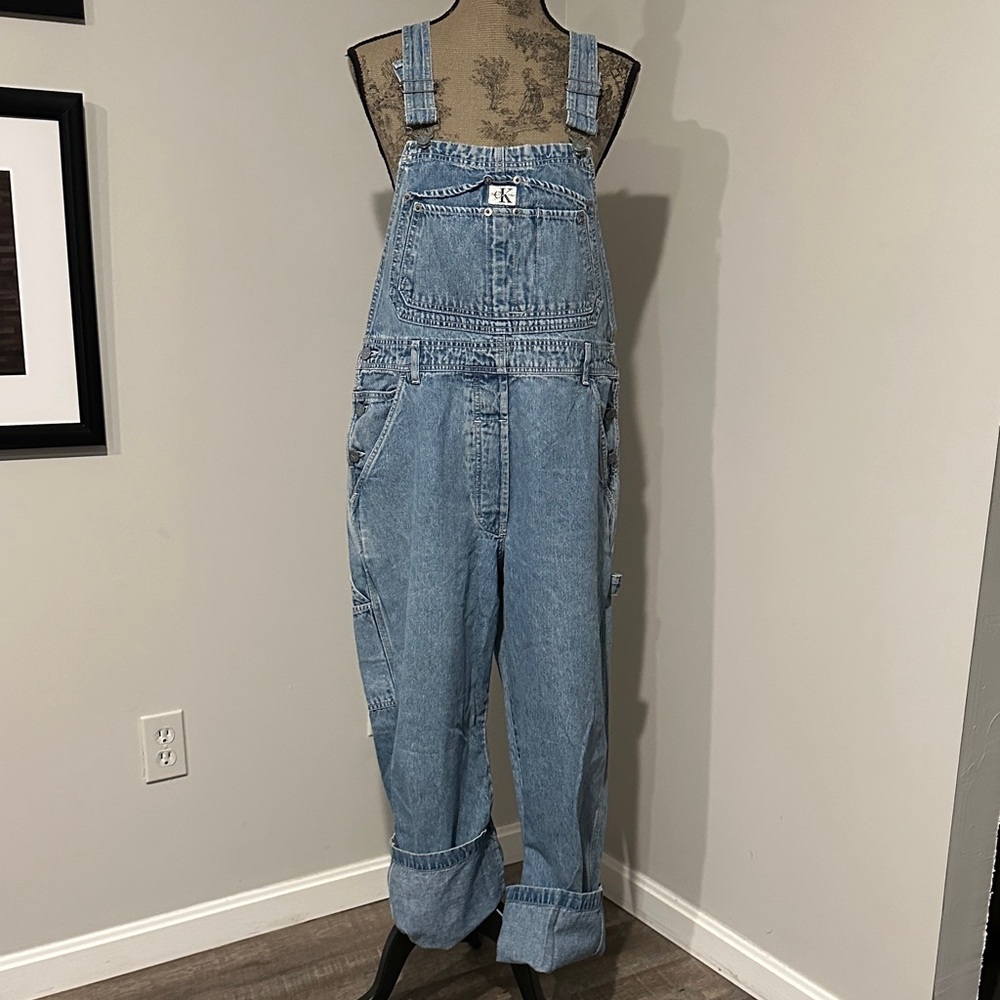 Calvin Klein Blue distressed Denim bib Overalls carpenter jeans size large - Picture 1 of 11